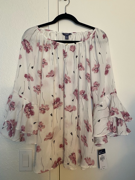 Chaps Tops - Chaps White Blouse with Pink Floral Print and Ruffled Sleeves